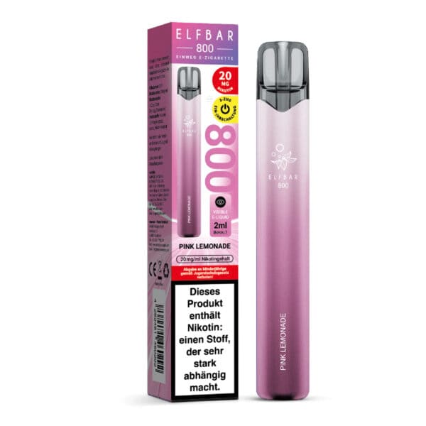 ELFBAR 800 Pink Lemonade Einweg E-Zigarette mit Verpackung – rosafarbenes Design, 2 ml E-Liquid mit prickelndem Limonadenaroma, 20 mg Nikotin, Warnhinweis gut sichtbar auf der Verpackung