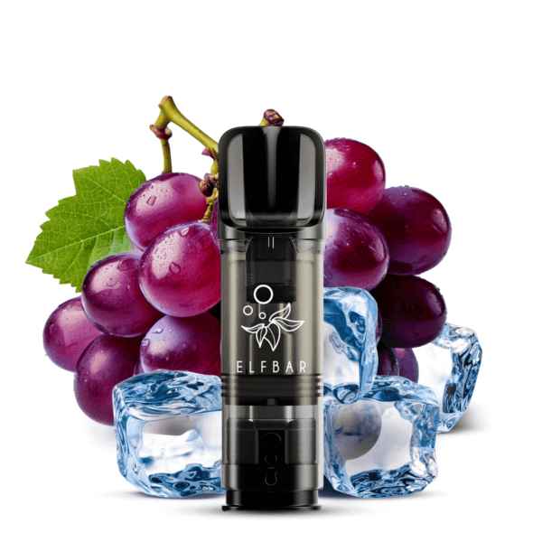 ELFBAR ELFA Pods Grape Ice mit fruchtigen Trauben und Eiswürfeln im Hintergrund – Nikotingehalt: 20 mg/ml.
