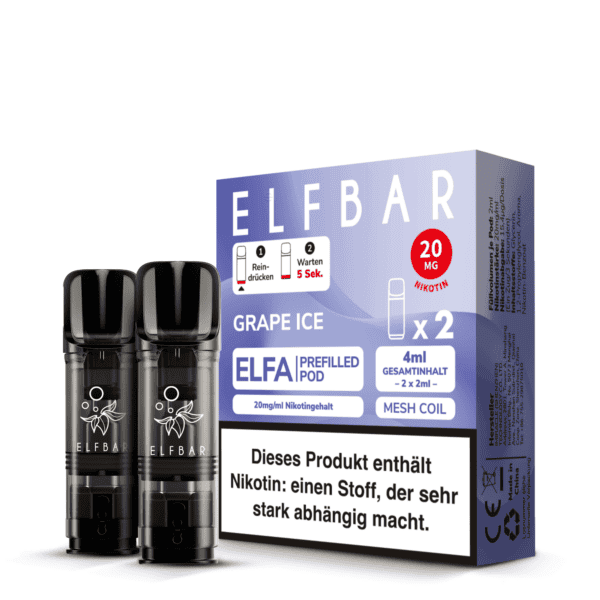 ELFBAR ELFA Pods Grape Ice mit 20 mg/ml Nikotin – Verpackung mit zwei vorbefüllten Pods à 2 ml, inklusive Warnhinweis zu Nikotinabhängigkeit.