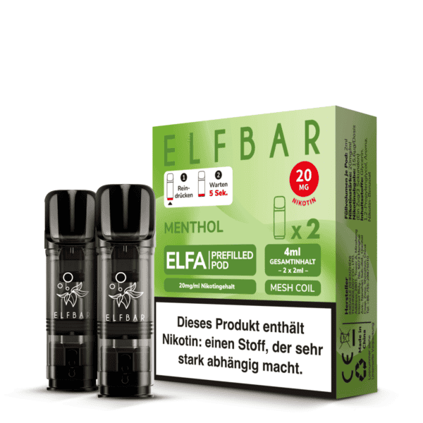 ELFBAR ELFA Pod Menthol mit 20 mg Nikotingehalt – Verpackung mit zwei schwarzen vorbefüllten Pods, grünem Design und Warnhinweis zur Nikotinabhängigkeit.