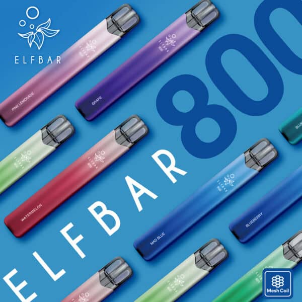 ELFBAR 800 Box Einweg E-Zigaretten im diagonalen Flatlay auf blauem Hintergrund – verschiedene Sorten wie Grape, Mad Blue, Watermelon und Pink Lemonade mit Mesh Coil, modern und farbenfroh inszeniert