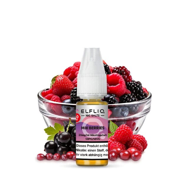 Flasche Elfliq Mix Berries Liquid mit 20 mg/ml Nikotingehalt vor einer Schale aus frischen Waldbeeren wie Himbeeren, Brombeeren und Johannisbeeren – aromatischer Fruchtmix für intensives Dampfen.