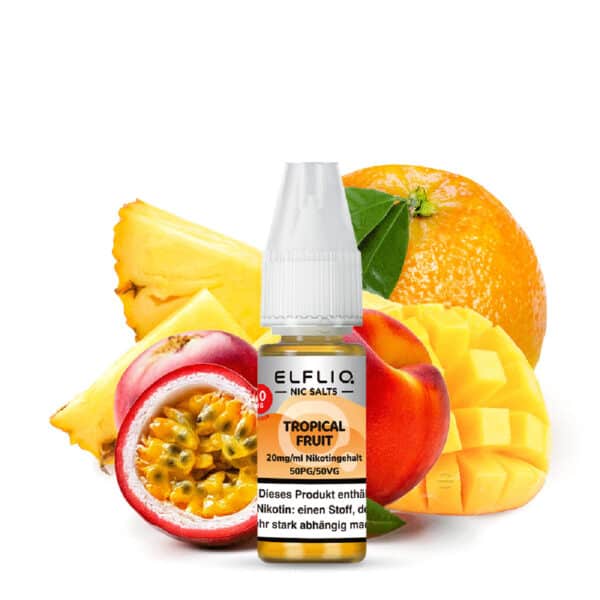 ELFliq Tropical Fruit 20 mg/ml Nikotinsalz Liquid mit intensiver Mischung aus tropischer Ananas, süßer Mango, saftiger Orange, Passionsfrucht und Pfirsich.