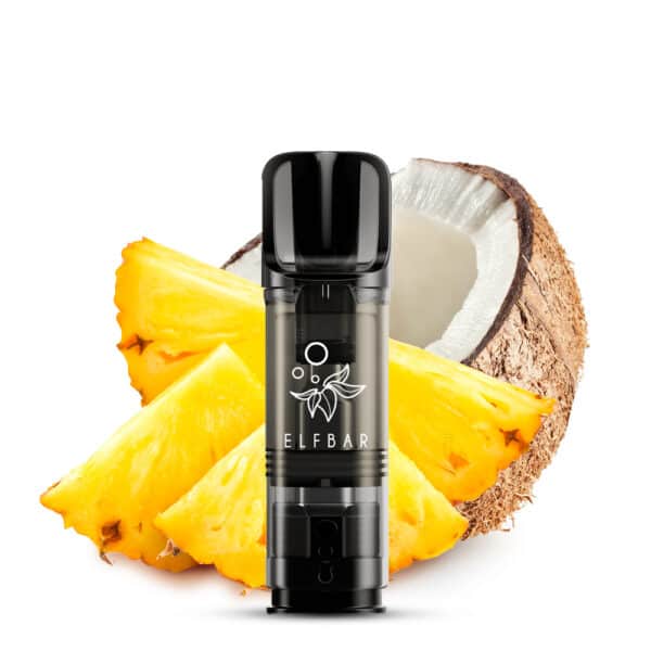 Das Bild zeigt den Pod der Sorte „Pineapple Coconut“ aus der Serie ELFBAR ELFA: das schwarze, kompakte Pod-Gehäuse mit halbtransparentem Tank steht zentral im Vordergrund. Im Hintergrund ist links eine frisch geschnittene Ananas mit hellgelbem Fruchtfleisch zu sehen, rechts eine halb aufgebrochene Kokosnuss mit weißem Innenleben und brauner Schale – beides auf hellem Hintergrund. Die Farbgebung (gelb der Ananas, weiß-braun der Kokosnuss, schwarz des Pods) und die klare Freistellung machen das tropisch-cremige Geschmackserlebnis visuell deutlich.
