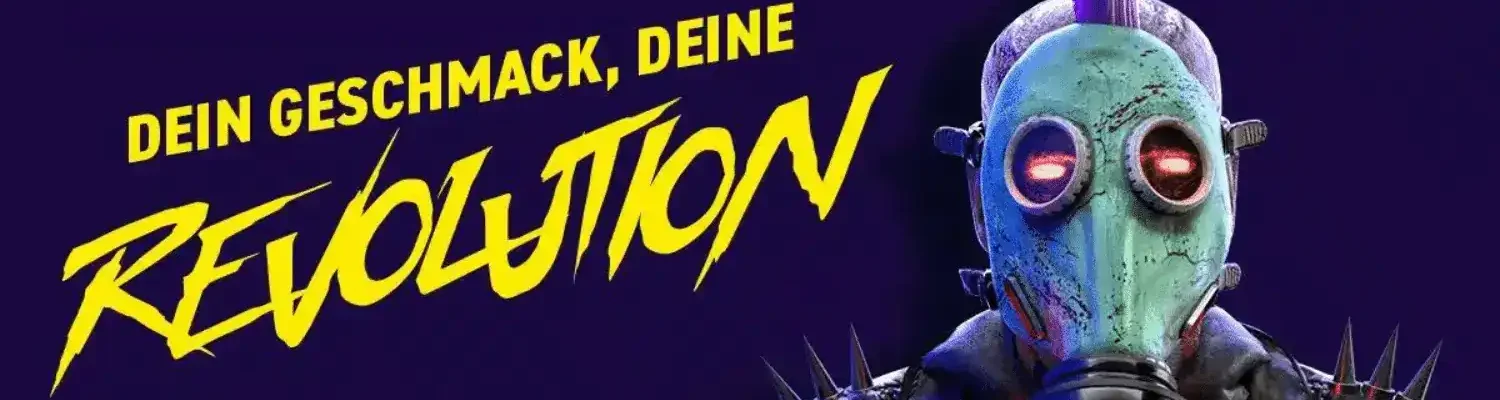 Bild mit Revoltage Vapes nikotinfrei im Hintergrund ist ein Schriftzug mit Dein Geschmack, deine Revulution.